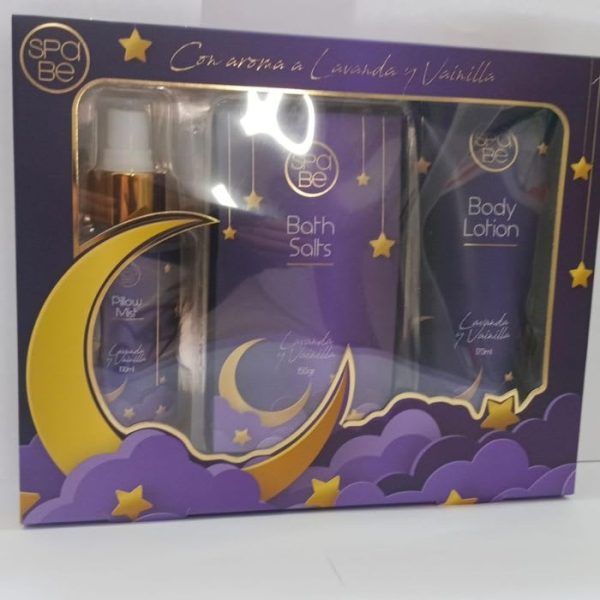 SET SPABE PILLOW MIST BATH SALTS BODY LOTION LAVANDA Y VAINILLAN 3 UNIDADES