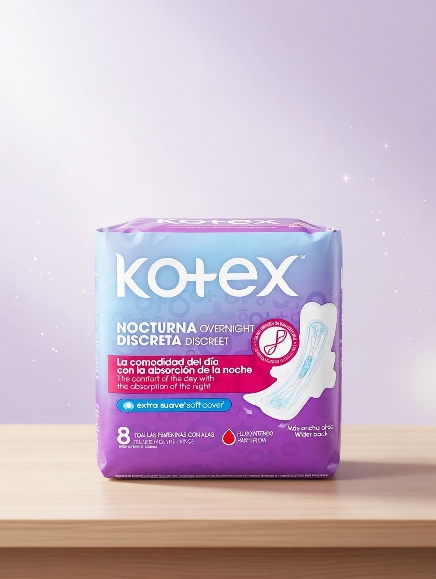 KOTEX NOCTURNA DISCRETA EXTRA SUAVE FLUJO INTENSO 8 TOALLAS FEMENINAS CON ALAS: imagen 1